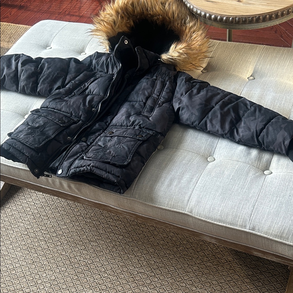 Diesel Juniors Black Camo Puffer Parka Coat Detachable Fur Hood Size 8